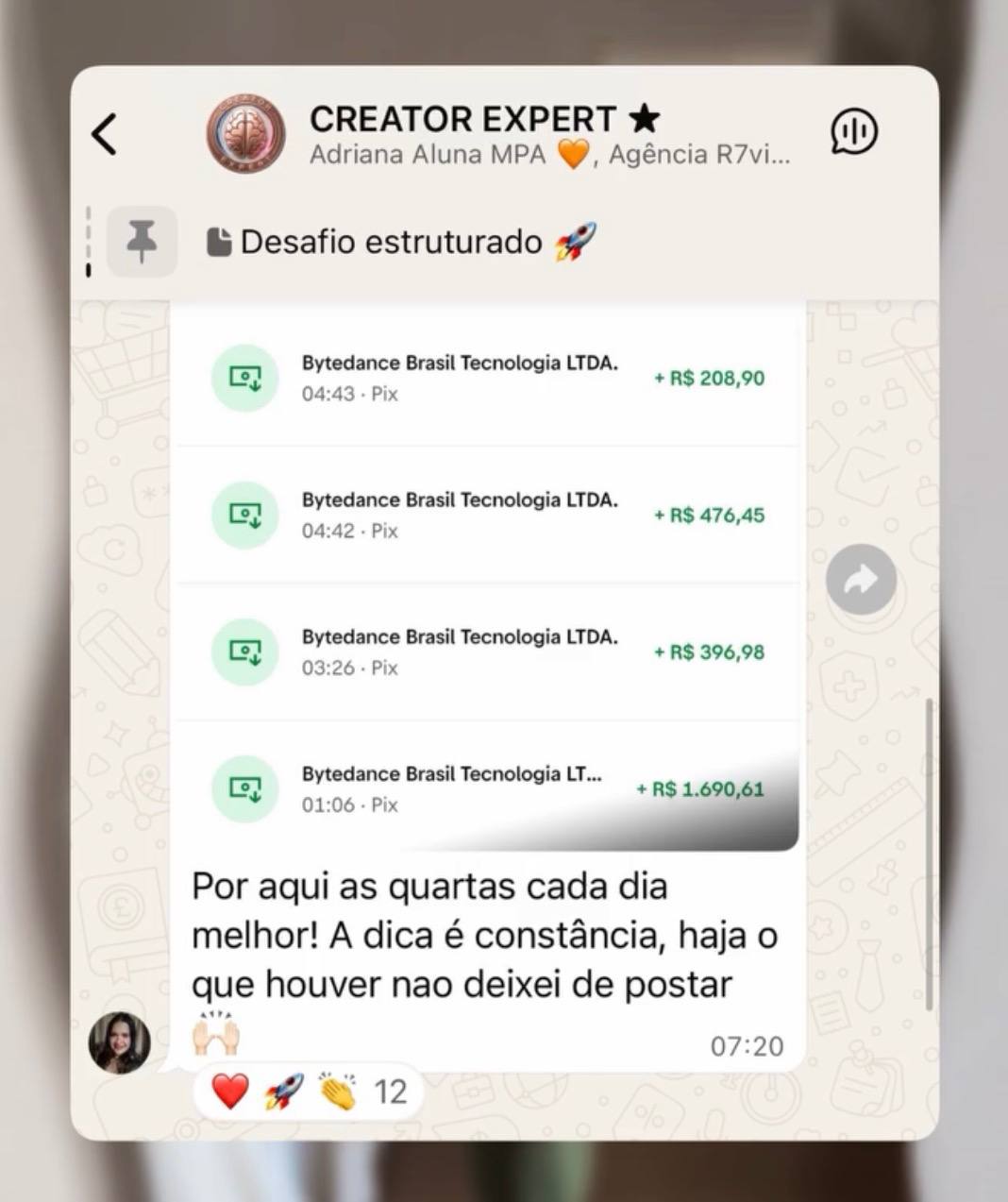 Depoimento compartilhado por aluno